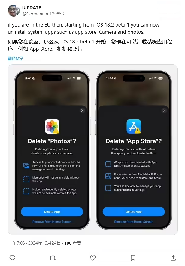 邛崃苹果手机维修分享iOS 18.2 支持删除 App Store 应用商店 