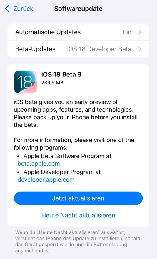 邛崃苹果手机维修分享苹果 iOS / iPadOS 18 开发者预览版 Beta 8 发布 